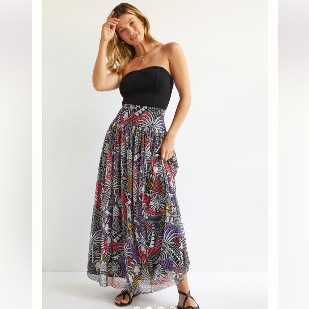 NWT: Farm Rio x Anthropologie Tropical Maxi Skirt Womens Boho Black Medium